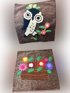 Vintage 1970s Handmade Crochet Owl & Flower Basket  Wall Art / Pillow Covers - 2